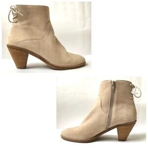 Lucky Brand Suede Ankle Booties Beige Block Heel Back Tie Womens 7.5